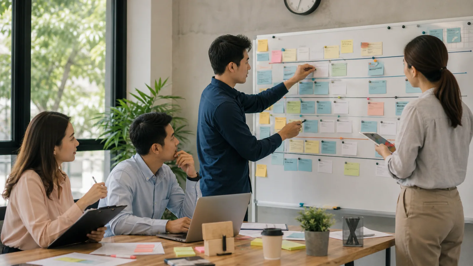 Điều phối viên chuẩn bị timeline chương trình team building trên bảng kế hoạch